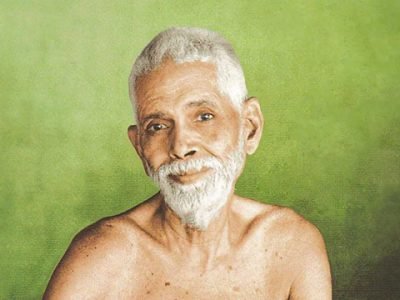 Compassionate Ramana Maharshi infront of green wall